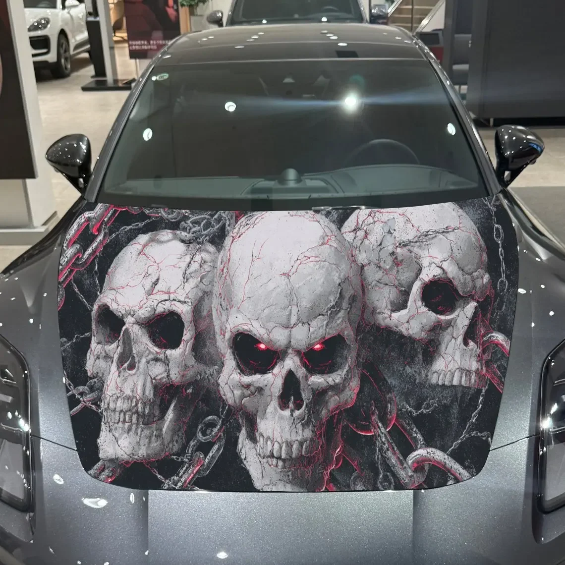 Chained Red-Eye Skulls Wonder Journey PVC Car Engine Hood Vinyl Wraps, Self-Adhesive Waterproof Car Hood Decal Sticker, Car Deco