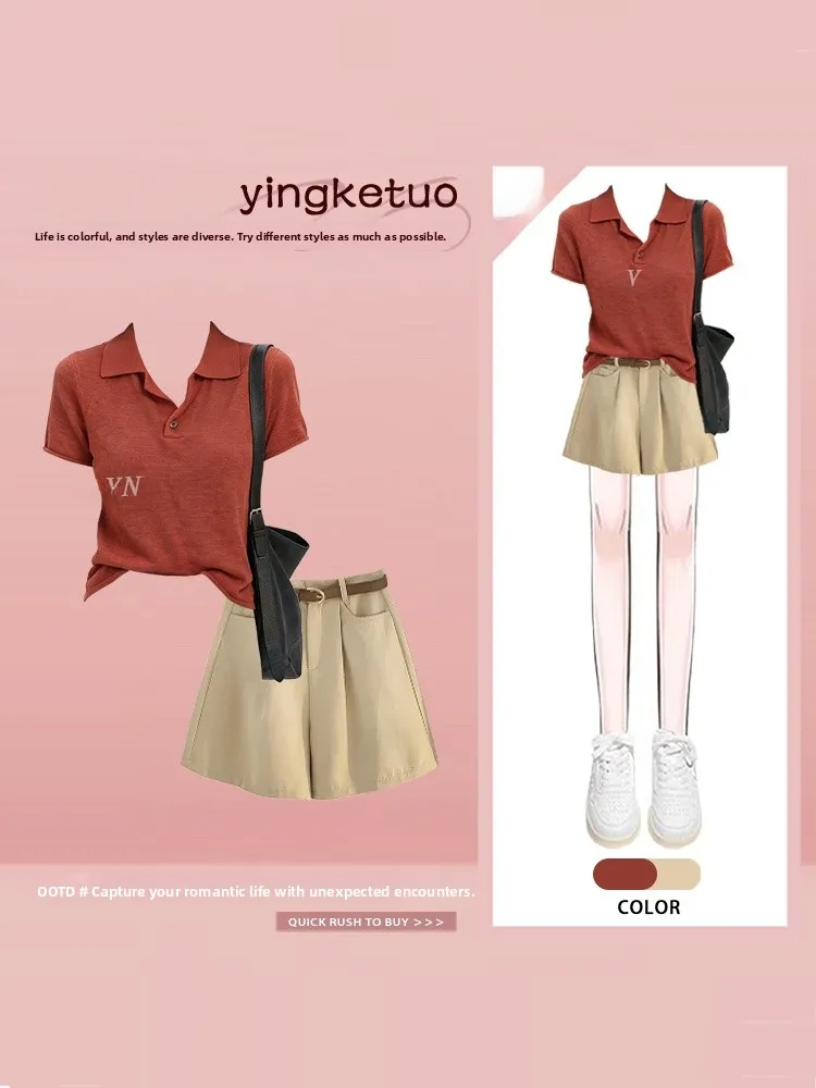 

Slimming Short Sleeve Knitted Top Casual Versatile Thin Fashion Set Summer Women's High Waist Shorts T-Shirt Loose Fit Style