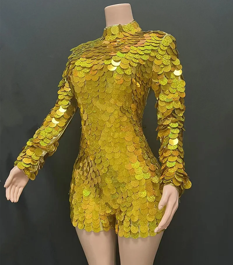 Women Luxury Gold Laser Color Sequines Sparkly Playsuits Dress Special Occassion Y2K Party Long Sleeve Bodycon Dress Costumes