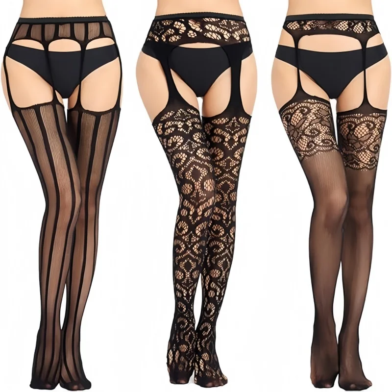 3 Pcs Fishnet Pantyhose Sexy Thigh-High Stockings with Hollow out Pattern for Women Garter Belt Suspender Tights