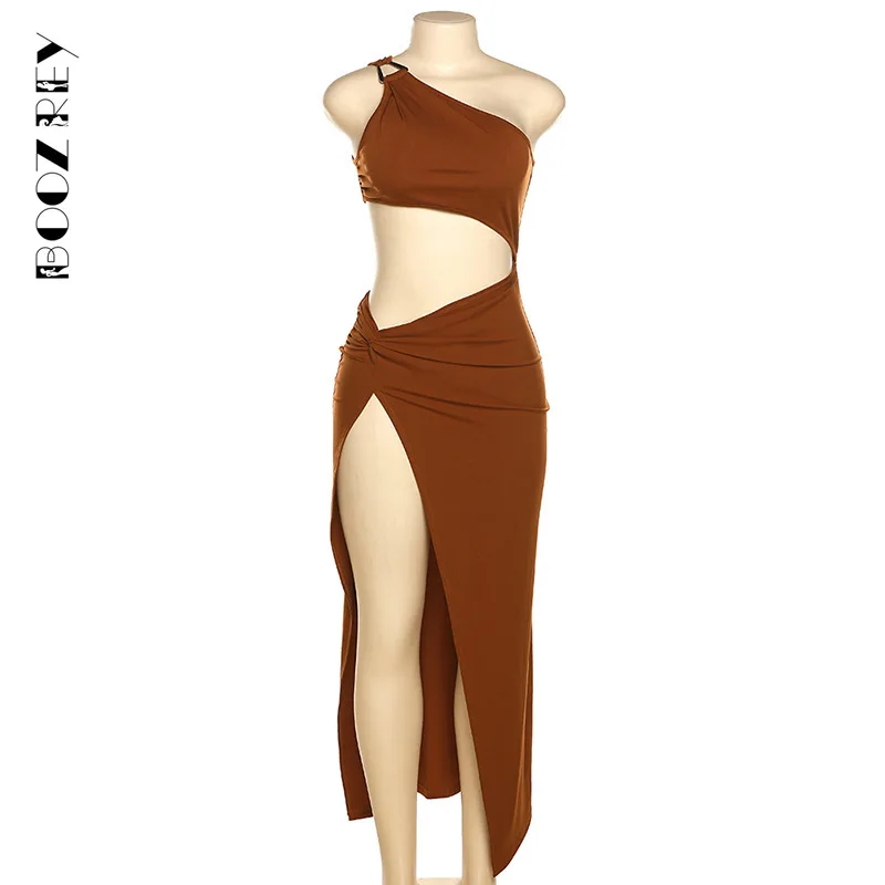BoozRey 2022 jedno ramię plaża Maxi sukienka kobiety lato brązowy Sexy Backless bez rękawów elegancka z rozcięciem sukienki bandażowe typu Bodycon