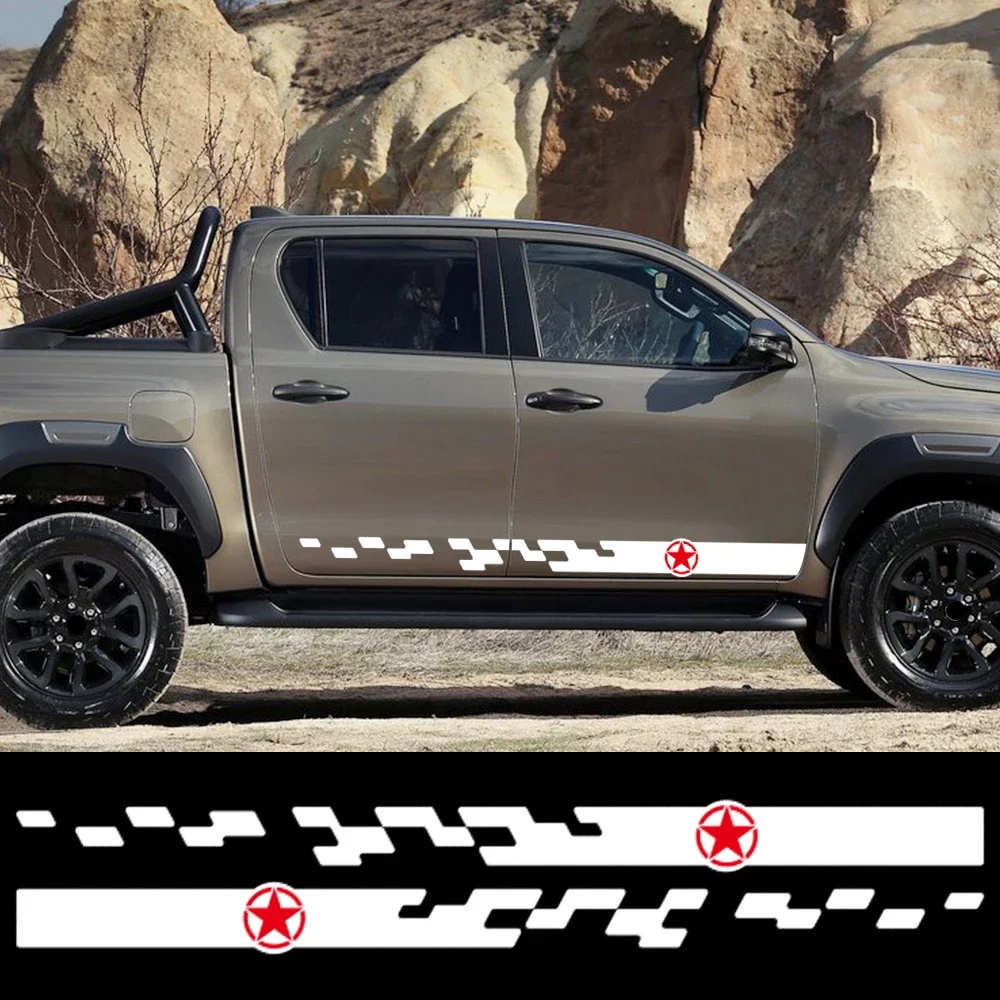 

2PCS Racing Stripes Car Door Sides Stickers PVC Five Pointed Star Pattern Car Vinyl Decal Car Body Decoration For Toyota Hilux