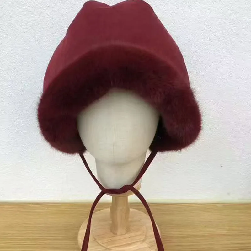 الكورية سميكة الجلد المدبوغ لطيف حزام دلو القبعات للنساء الخريف والشتاء السفر الدافئة تنوعا تظهر الوجه قبعة ليو فنغ الصغيرة #6
