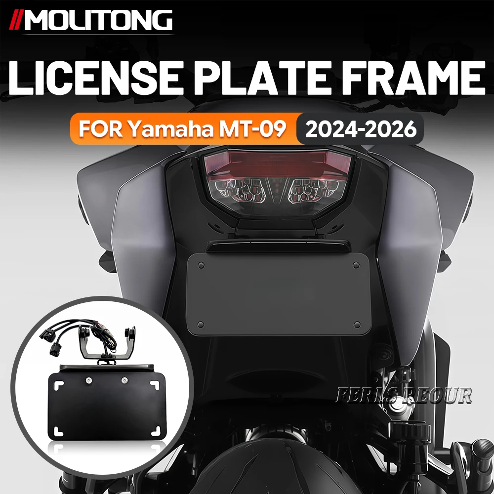 Motorcycle modification parts for Yamaha MT 09 2024 2025 2026: License plate holder, rear tail bracket, and fairing removal kit.