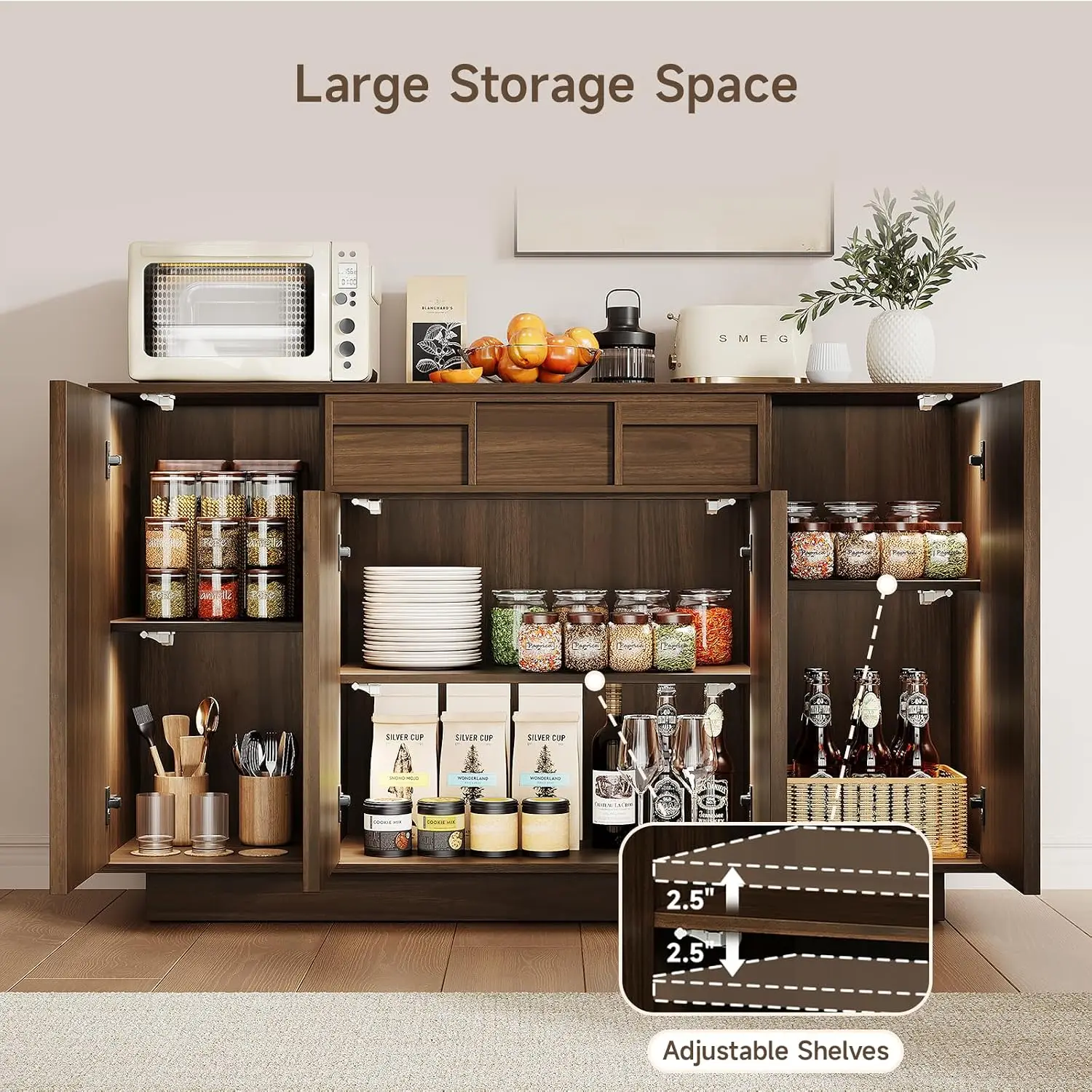 ONBRILL 55-Inch Mid-Century Modern Walnut Sideboard Buffet Cabinet, Engineered Wood Storage Cabinet with 8 Built-In Lights, 1 Drawer, 3 Adjustable Shelves & Soft-Close Doors for Dining Room Kitchen Living Room