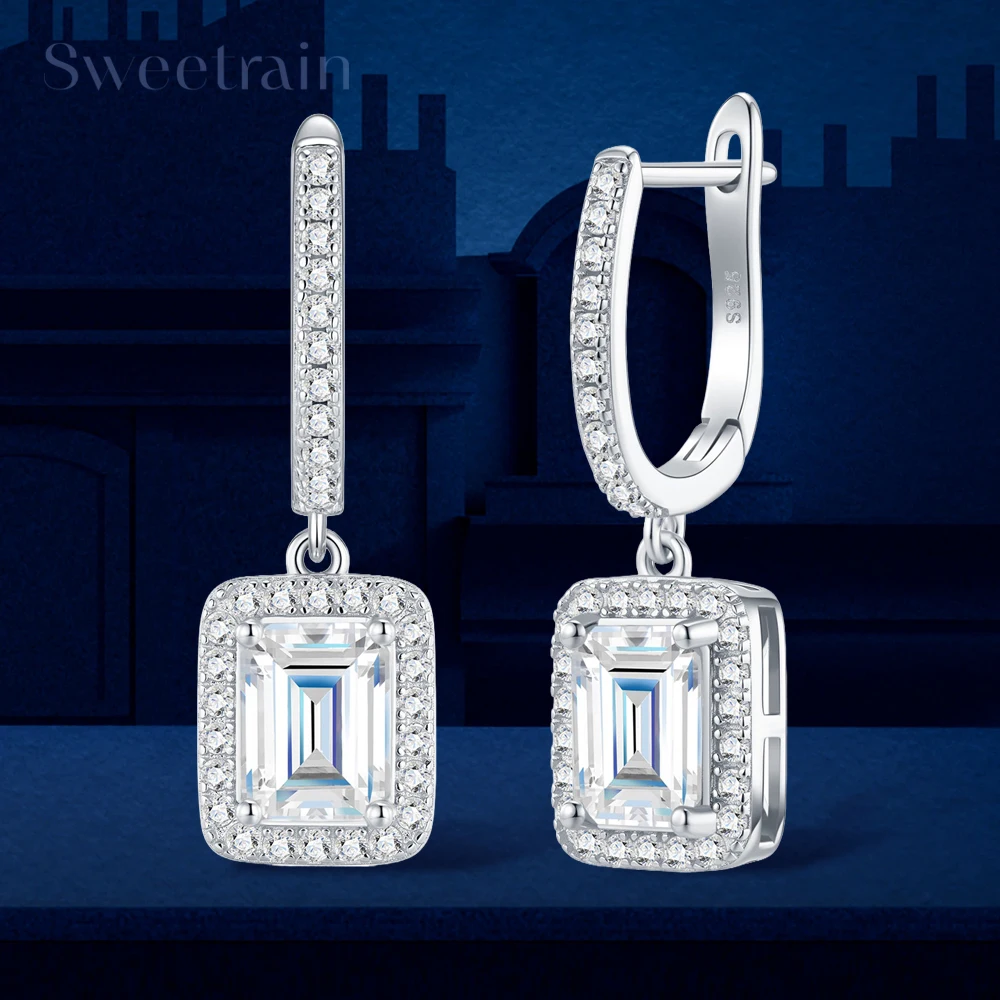 2CT Emerald Cut All Moissanite Dangle Earring S925 Sterling Silver Moissanite Drop Earrings For Women Sparkling Wedding Jewelry