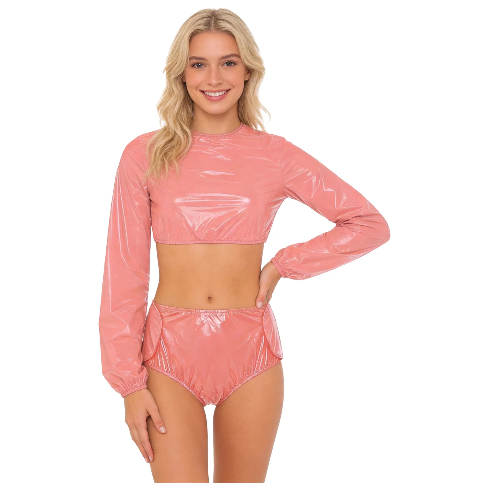 Womens Waterproof Vinyl Sets Long Sleeve Crop Top and Side Hook-loop Fastener Diaper Cover Shorts for Bedridden Nursing Wear