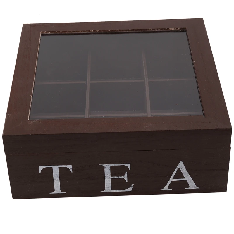 

Wooden 9 Grids Tea Box Tea Bags Container Storage Box Square Gift Box Case Transparent Top Lid Jewelry Storage Box