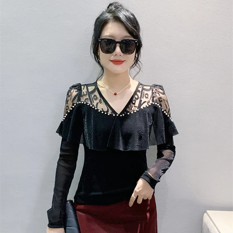 Fashion New European Women Chic Ruffles Beading T-Shirt Sexy Hollow Out V-Neck Long Sleeve Tees Autumn Girl Shiny Diamonds Tops