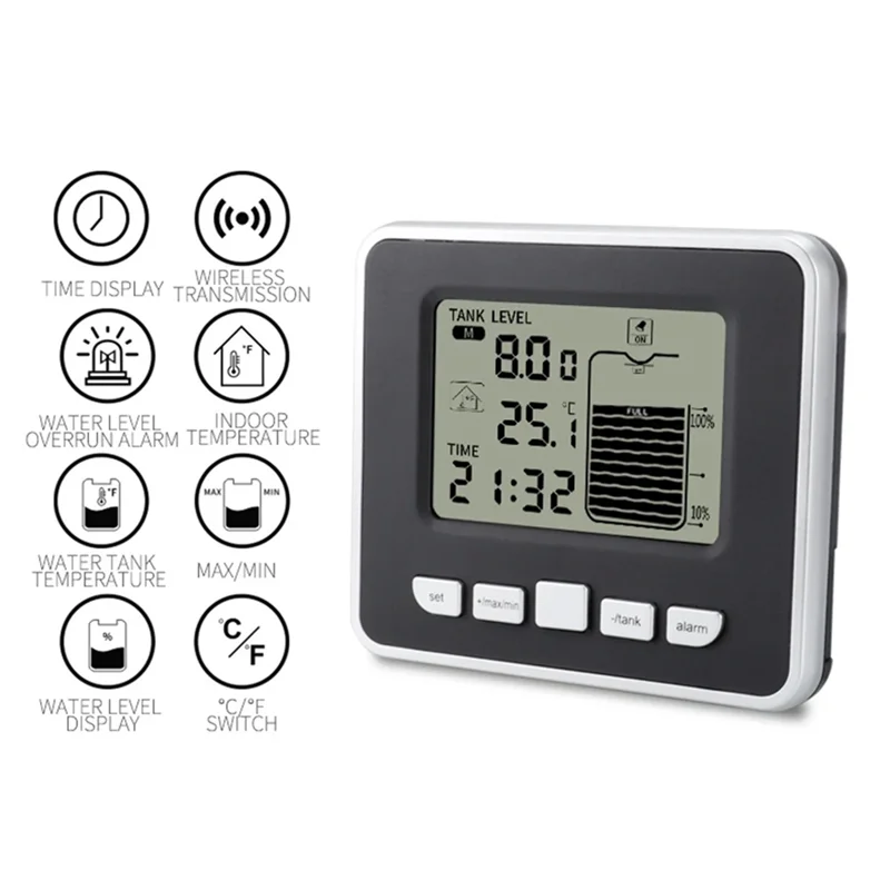 Ultrasonic Wireless Water Tank Liquid Level Meter With Temperature Sensor Level Monitor Time Display Low Battery Alarm Durable-A