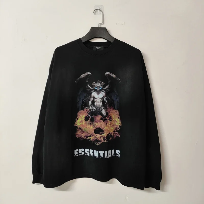 

NEW American Essent Hell Demon King Printed Round Neck T-shirt Men Women High Street Loose Retro Hip Hop Long Sleeve T-shirt