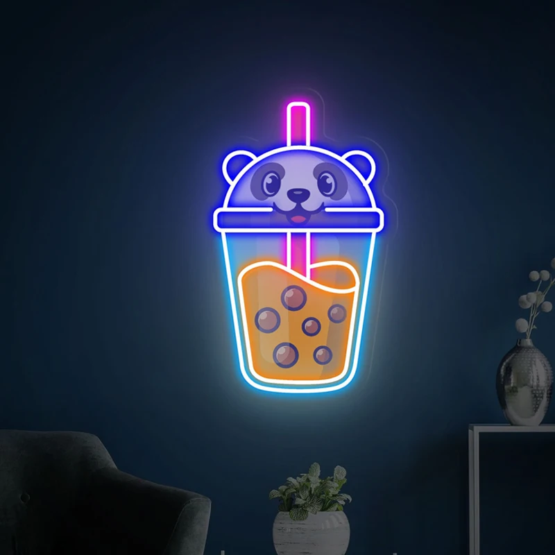 Cute Panda Boba Neon Sign Milk Tea Neon Sign stampa UV Boba Sign for Coffee Bar Room Decor Bar decorazione Wall Art Light