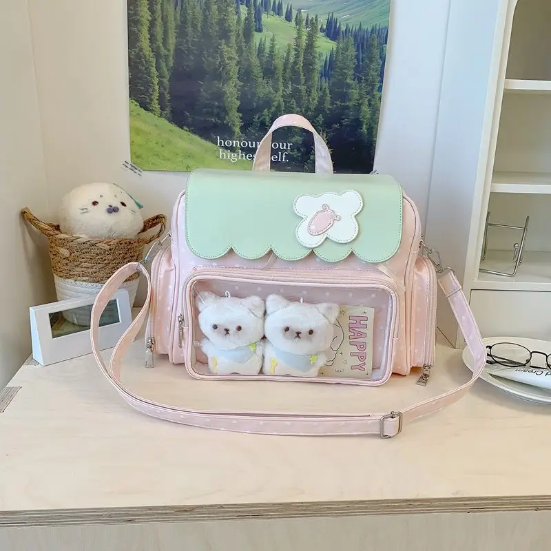 Sweet Japanese Style Transparent Color Block Backpack and Double Shoulder Bag for Girls, Pink and Green, Outdoor Leisure
