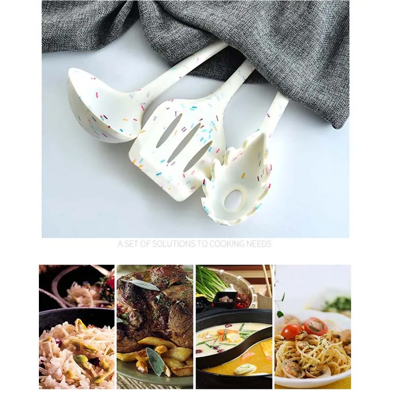 Creative Color Dot Silicone Kitchenware Long Handle Soup Spoon Colander Frying Spatula Egg Beater Household Cooking kitchen Tool