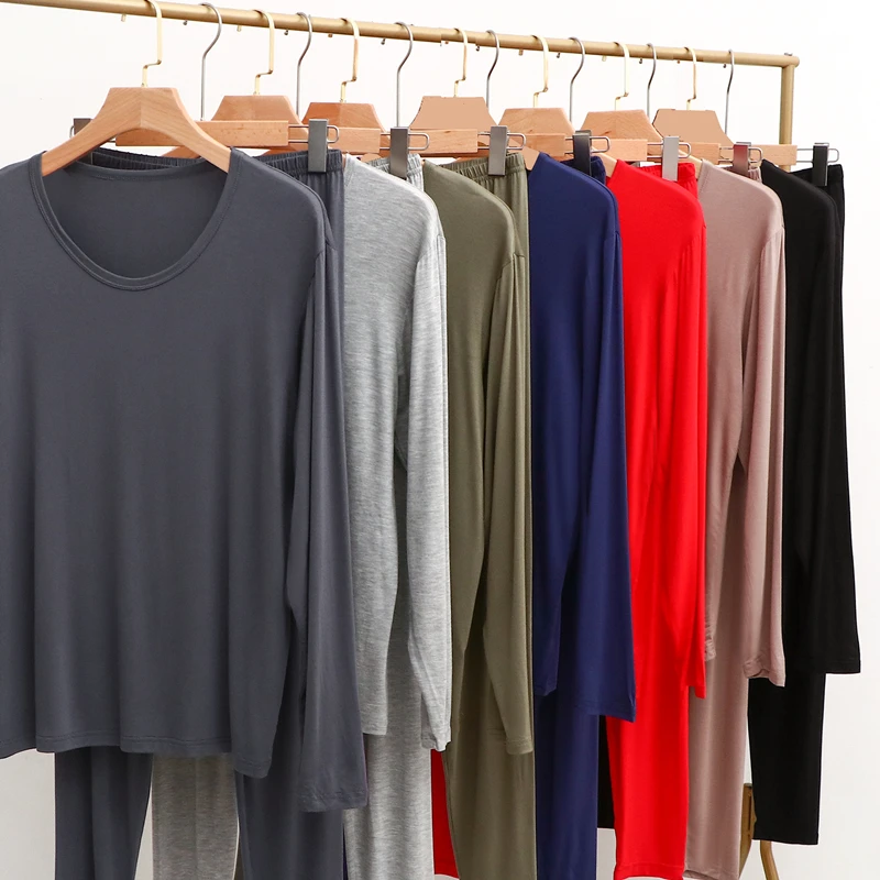 Men's Modal Thermal Underwear Set Slim Fit round Neck Base Layer Shirt And Pants Two-Piece Thin Warmth Home Clothes
