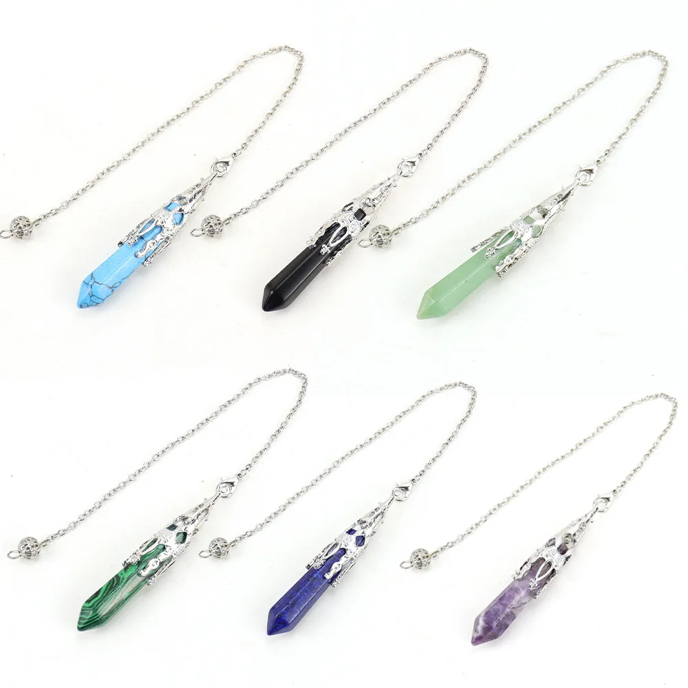 10pcs Hexagon Cone Shape Stone Pendulum Pendants for Dowsing Blue Purple Rose Quartz Crystal Healing Chain Charms Jewelry