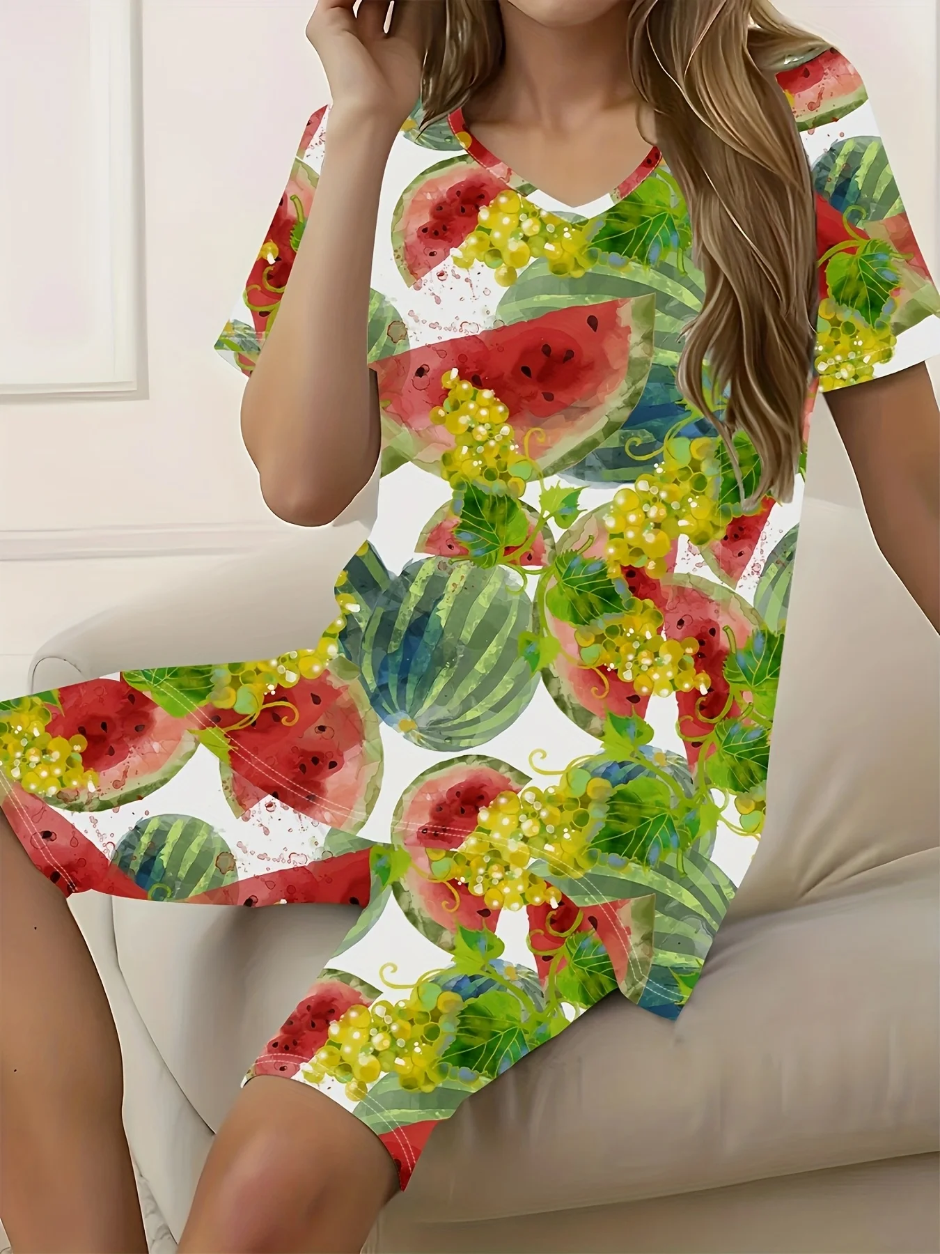 

Printed Design casual style Watermelon Grape Leaf Green White women's pants suit