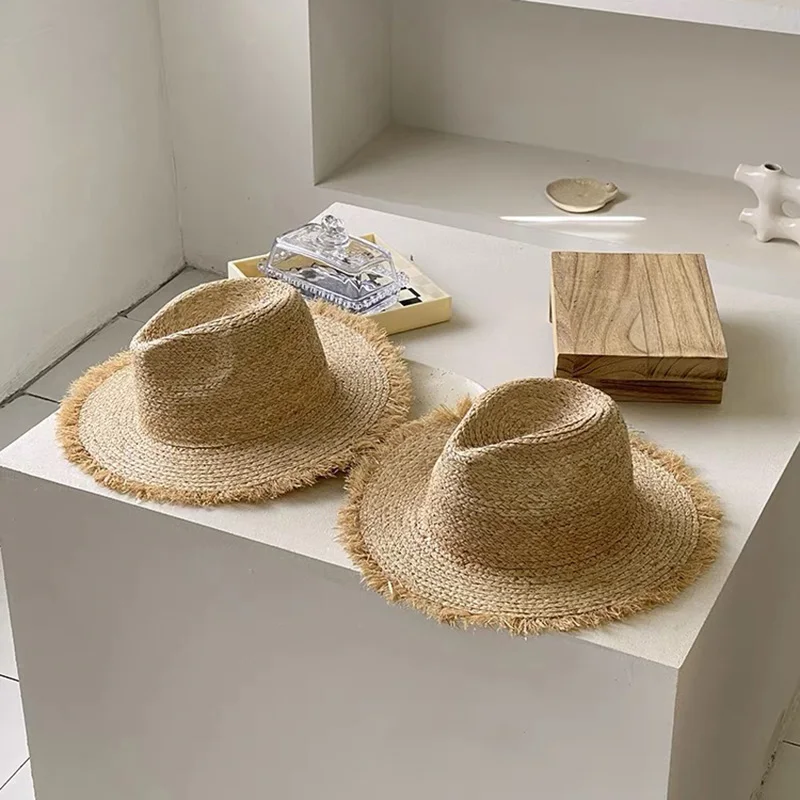 

2024 New Fashion Handmade Raffia Straw Grass Panama Hat Women Men Beach Sun Hat Wide Brim Fedora Hat Summer Beach Boho Cap