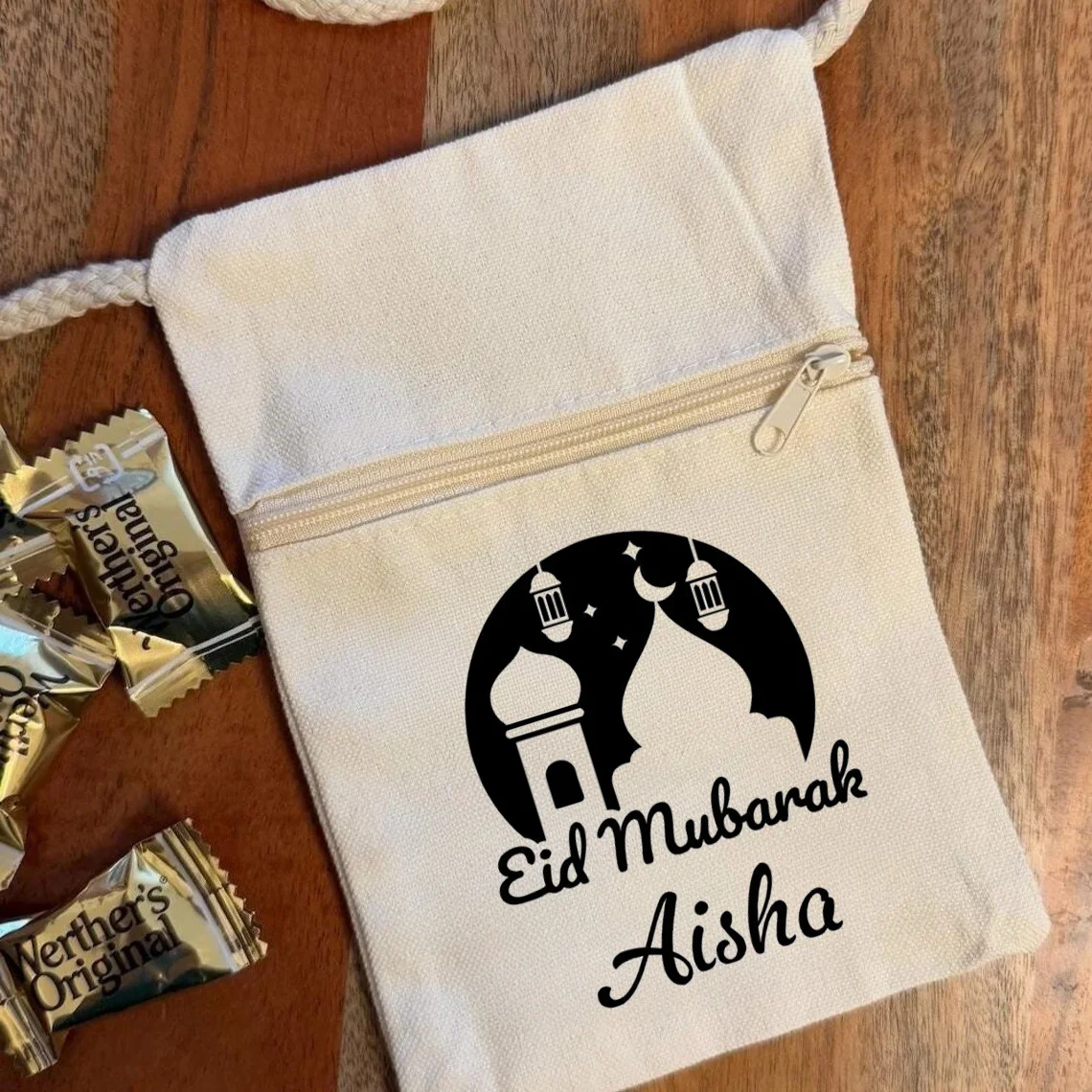 Personalisierte Namens-Text Ramadan Eid Al Fitr Leinwand-Geschenktasche Muslimische Islamische Erste Ramadan Eid Geschenkverpackung für Familienfeiern