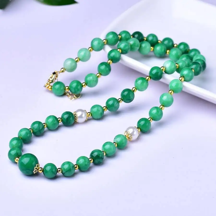 

Natural Green Jade Beaded Necklace with Pearl & Gold Spacers – Elegant Jade Jewelry for Women