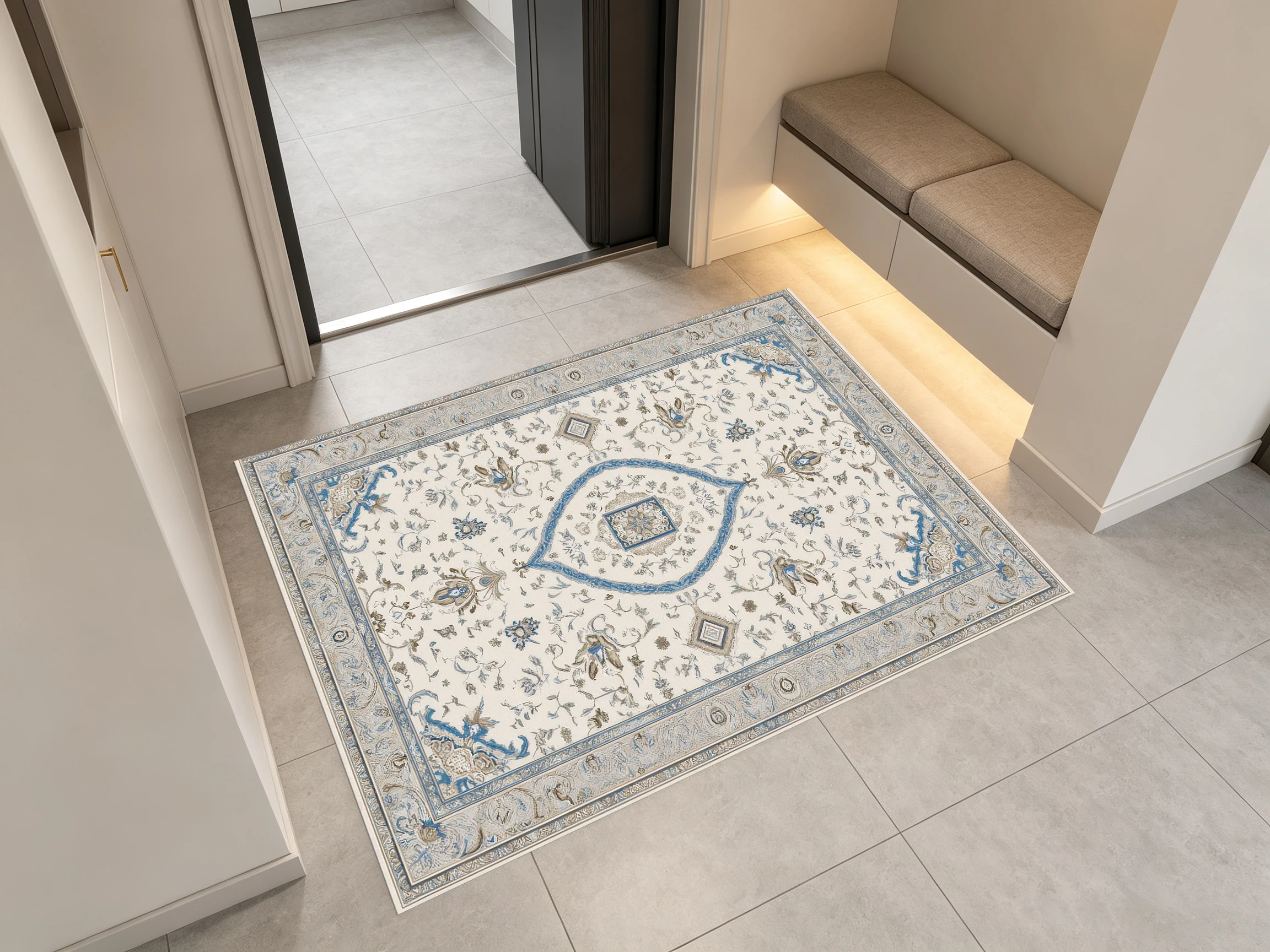 European Classic Pattern 2D Rug, Light Gray and Blue Tone, Retro and Luxurious, Suitable for Living Room and Bedroom