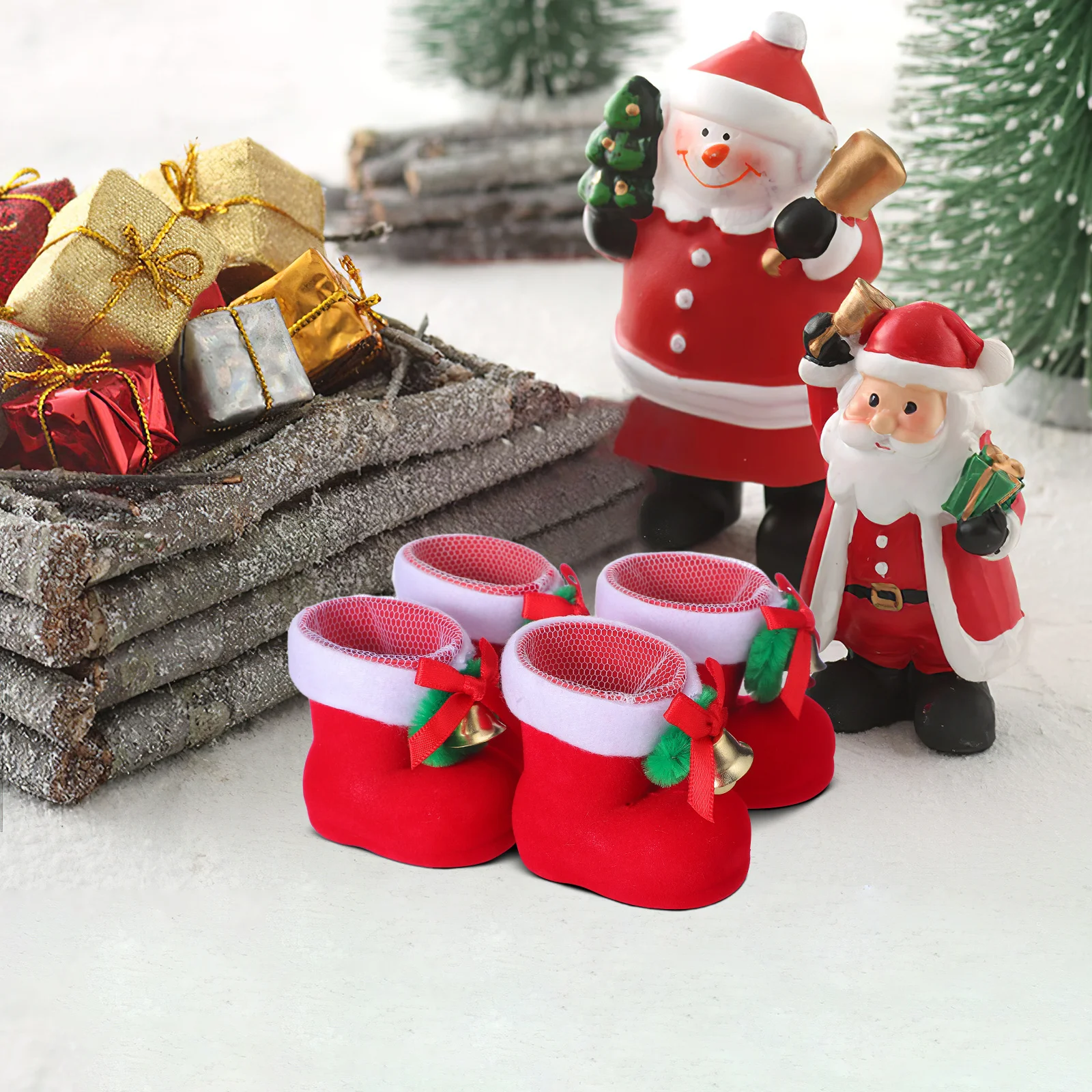 

4pcs Christmas Candy Boots Flocking Durable Snack Storage Bag Holiday Party Decor Gift Holder Hanging Boot Pendant For