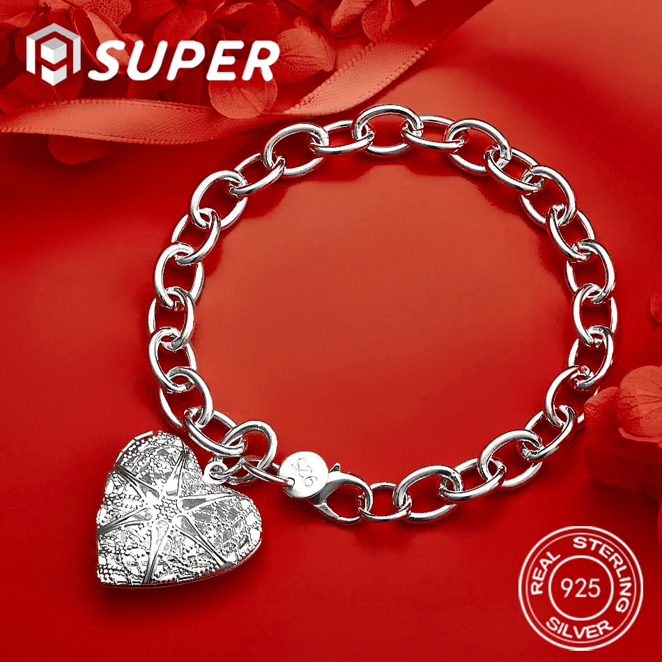 

ALISuper 925 Sterling Silver 8 Inch Exquisite Heart Bracelet Women's Fashion Hip Hop Accessories Jewelry