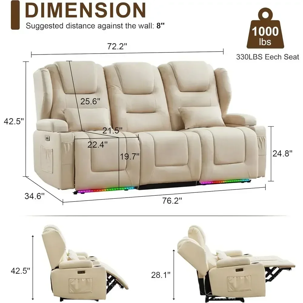 3-Person Beige Reclining Loveseat with Cup Holders for RV and Home Theater