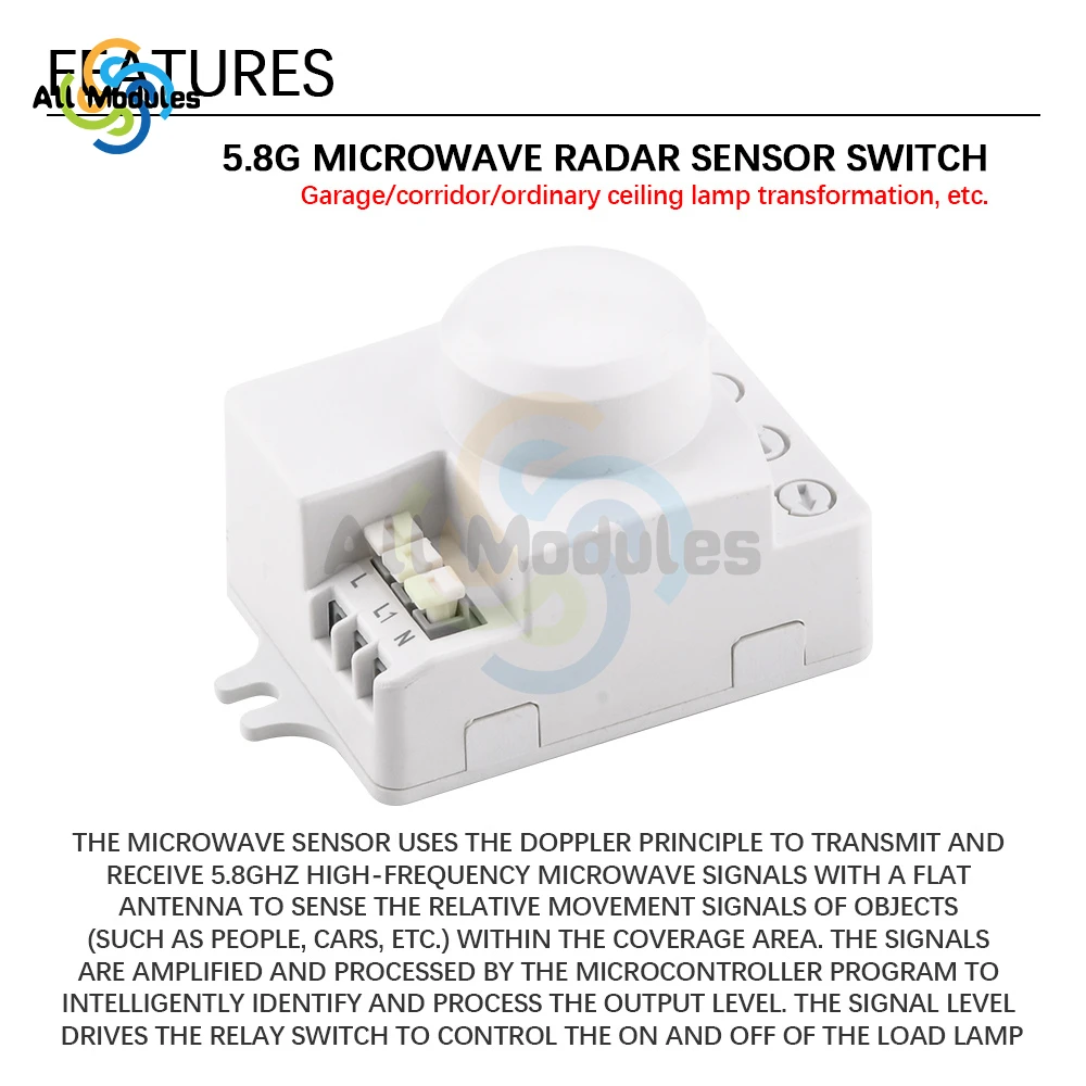 AC 220V 5.8GHz Microwave Radar Sensor Switch Human Body Motion Induction Sensor for LED Light Sensors Switches