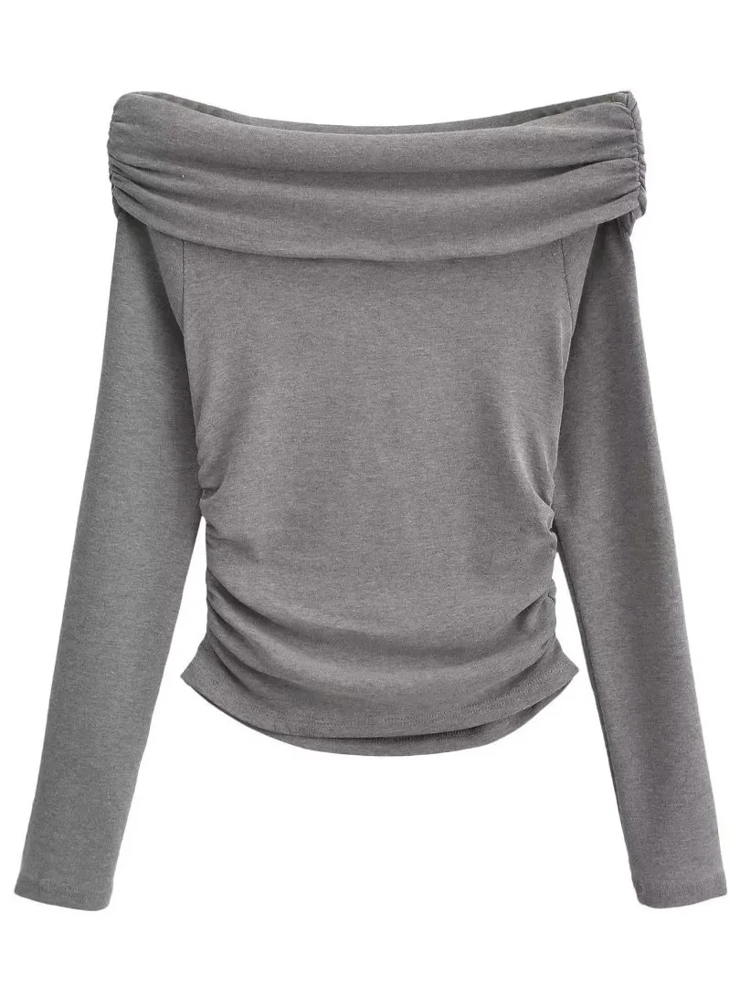 Outono/inverno novo 2024 slash neck fora do ombro manga longa pulôver feminino cinching cintura cor sólida magro casual topo chi6