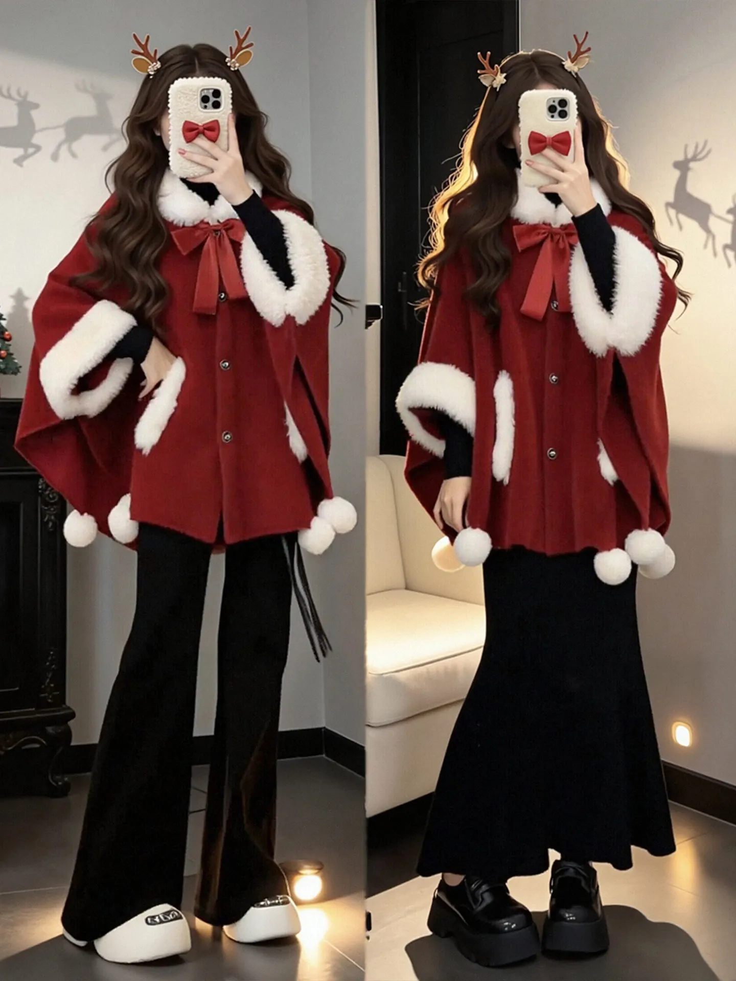 

Новинка! Красный плащ-накидка Cisas для женщин, комплект из трех предметов в корейском стиле: уникальный комплект из двух предметов, теплый, с длинными рукавами, брюки с высокой талией.