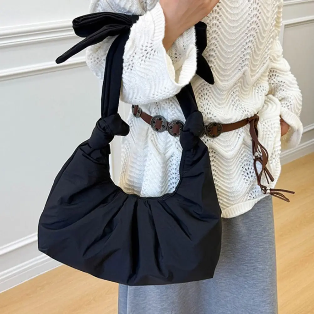 

Elegant Sweet Pleated Bow Tote Bag Korean Style Bowknot Nylon Dumplings Bag Minority Design Pure Color Cloud Bag Portable