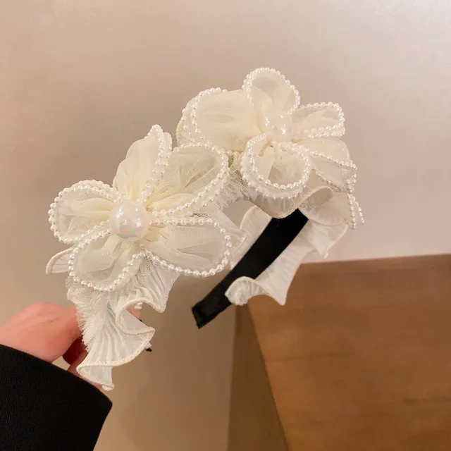 Biała opaska do włosów z kwiatami, elegancka opaska z imitacją pereł, szeroka opaska dla kobiet i dziewcząt, akcesoria do włosów, ozdoba na głowę na imprezę, wesele, K-