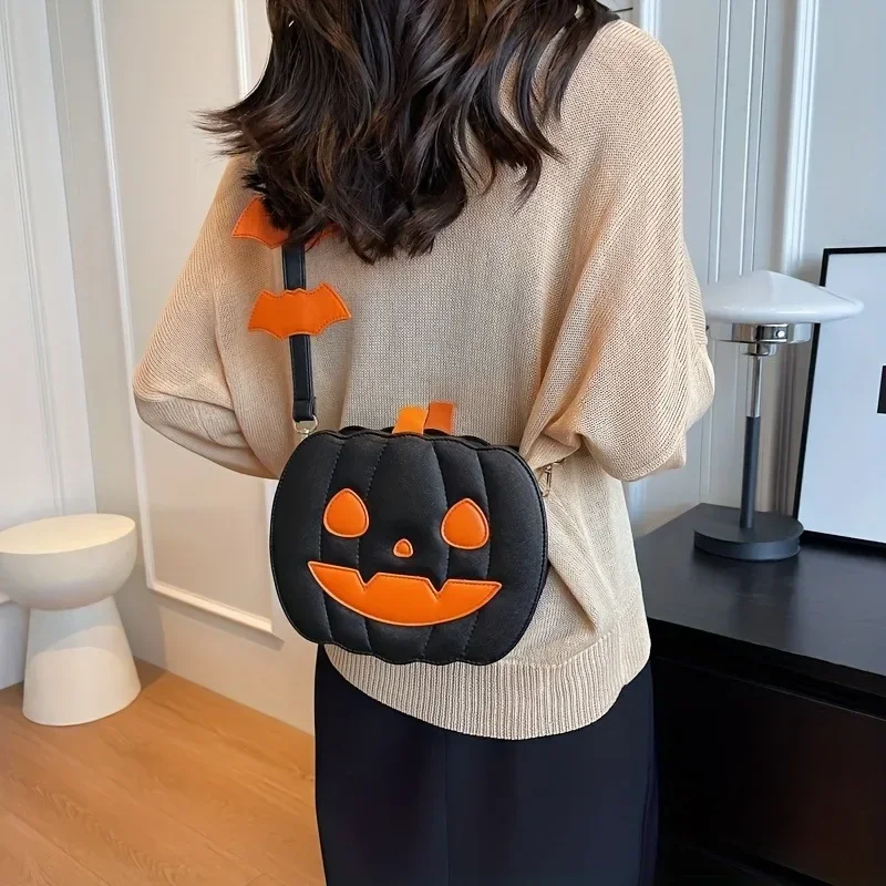 Tas selempang labu lucu, tas selempang ponsel kartun 3D Halloween, tas bahu serbaguna kulit PU kreatif