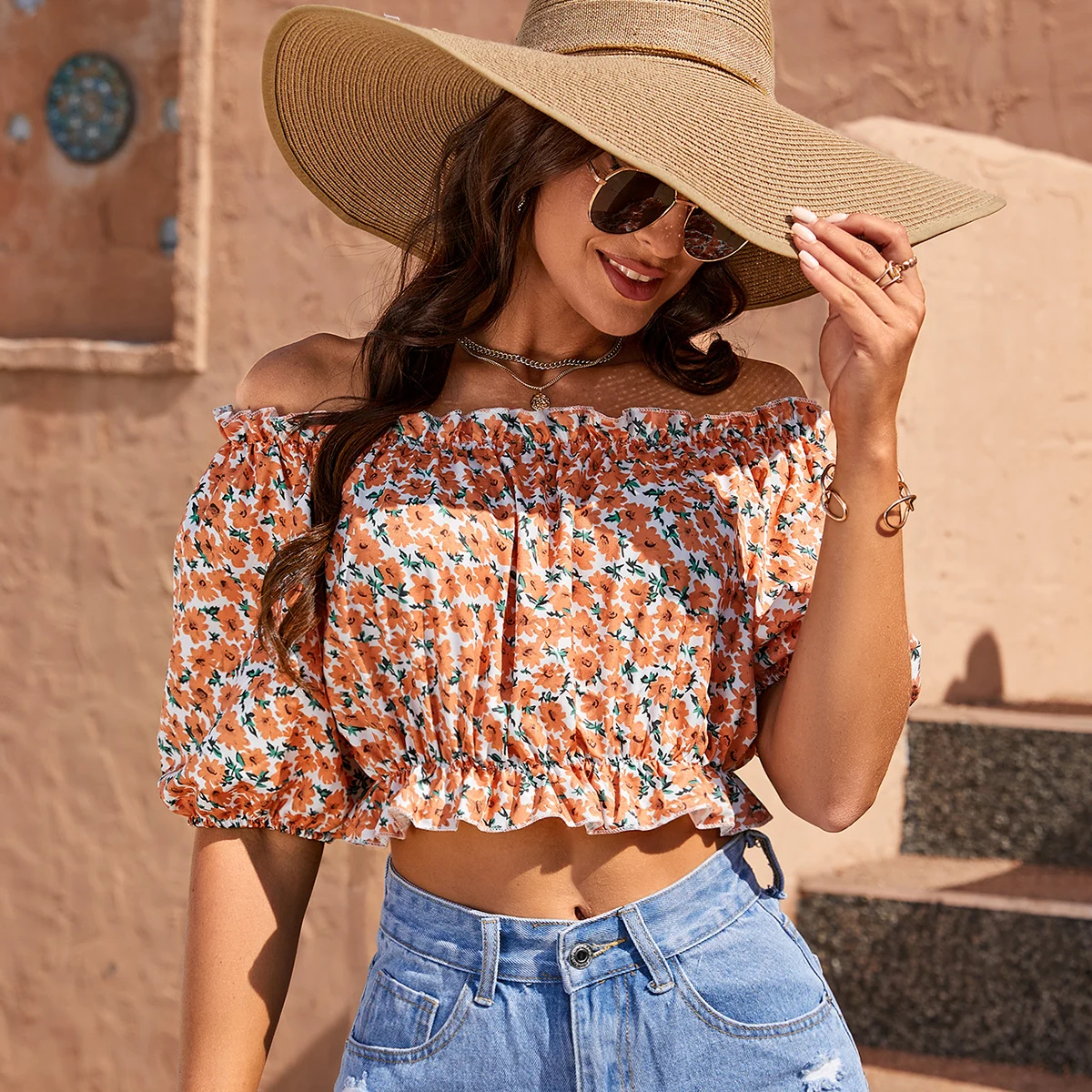 Fashion Floral Lantern Sleeve Casual Shirt For Women Summer Vacation Elastic Off Shoulder Crop Tops Beach Style