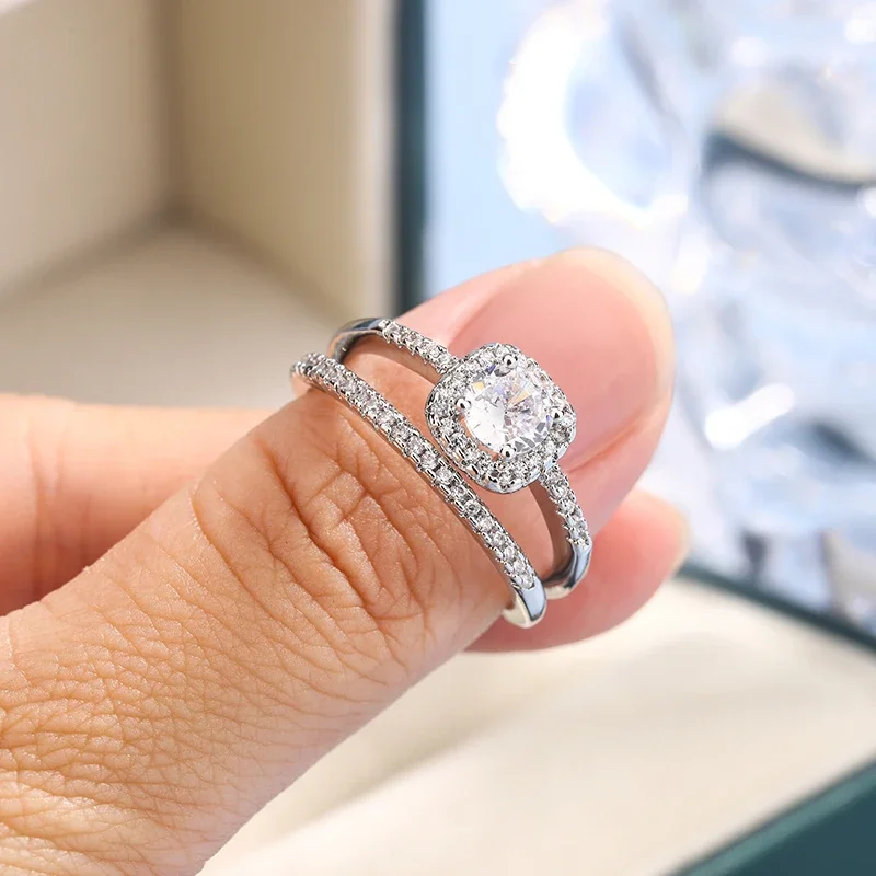 Women's 2pcs 925 Silver Plated Wedding Ring Set, Elegant Gift