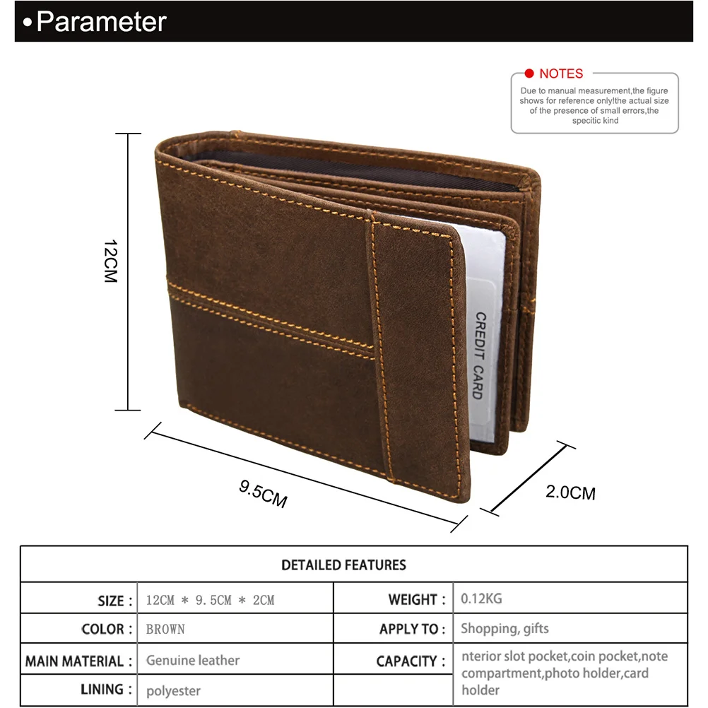 

1Pcs Mad Horse Rfid Blocking Wallet Brown Short Wallet Men Vintage Casual Coin Purse Durable Daily Use