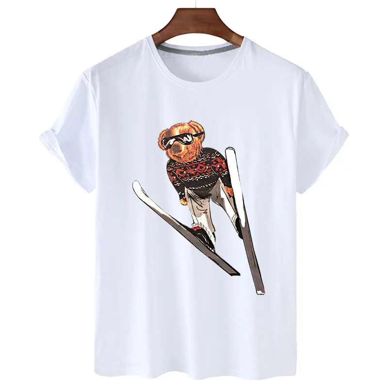 

100% Cotton Ski Bear Print T-shirts Summer 2022 T-shirts Women's Short Sleeve O-neck T-shirts Unisex Plus Size Women's T-shirts