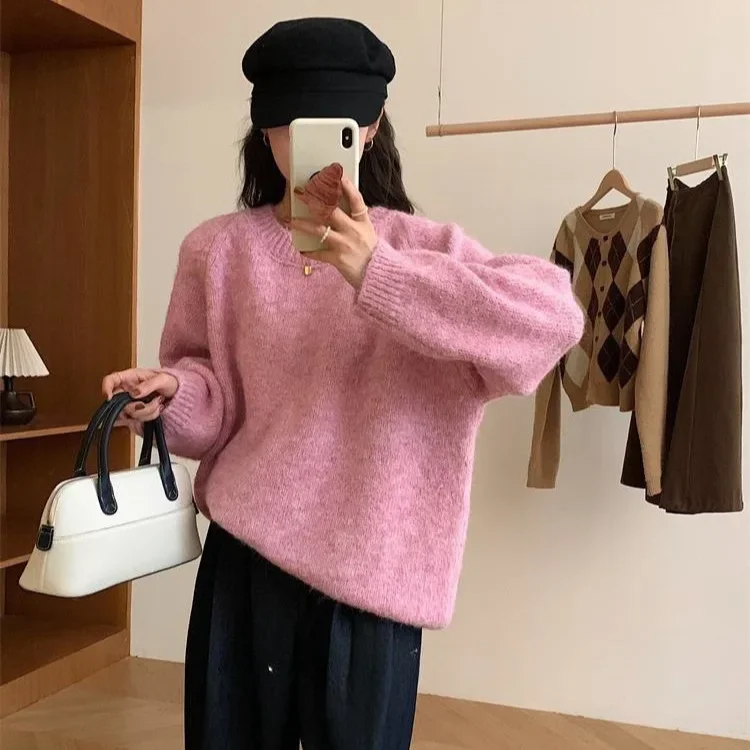 فضفاضة تناسب الخريف الشتاء وصول جديد الكورية نمط قمة الموضة لينة مريحة كسول نمط لطيف المرأة محبوك سترة جولة الرقبة #2