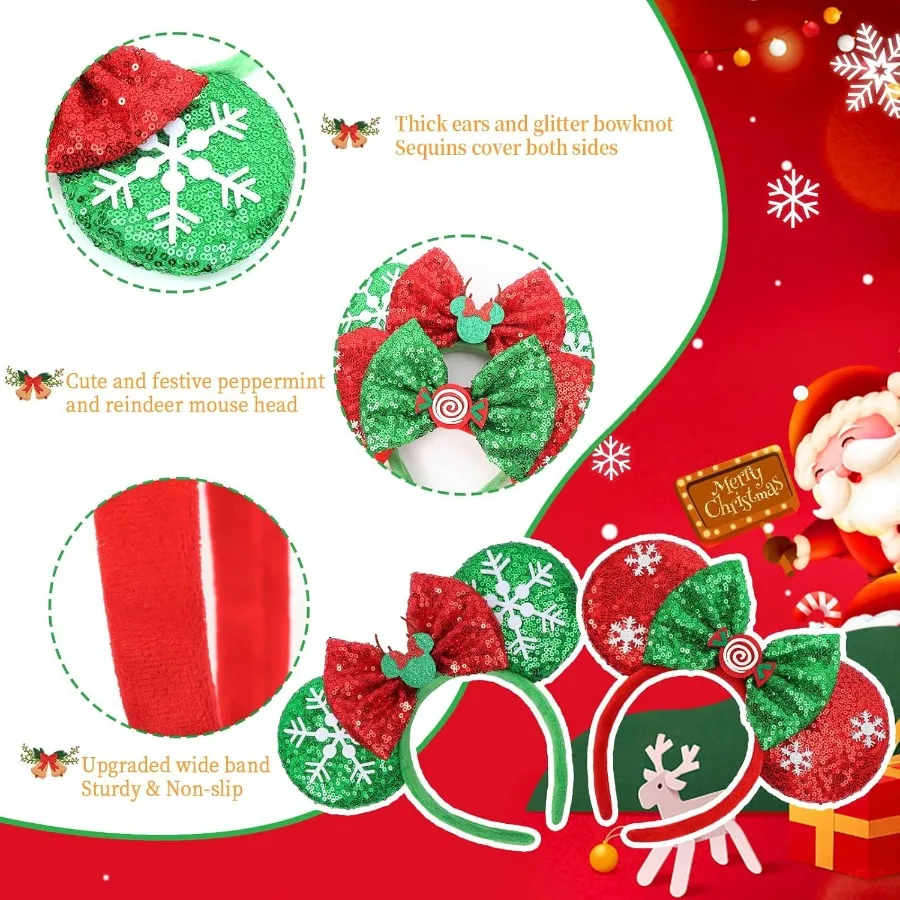 ETLUK 2 قطعة آذان ماوس عيد الميلاد المتألقة للنساء عصابات رأس عيد الميلاد لتزيين الحفلات والنعناع والرطبة