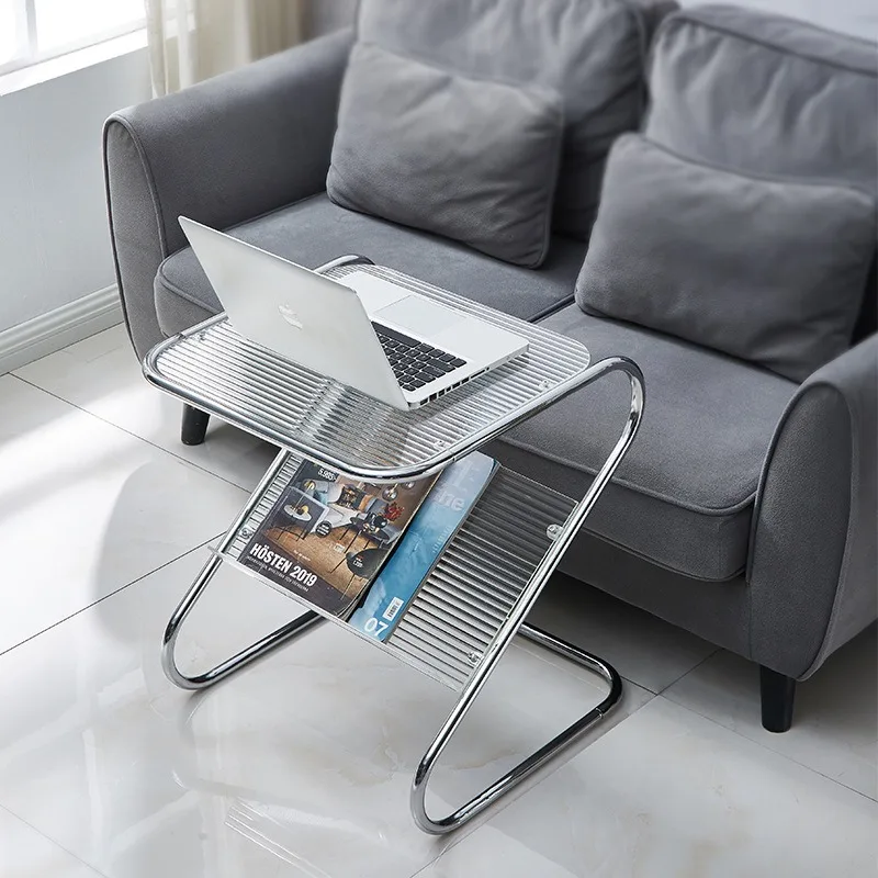 Z-Shaped Modern Minimalist Side Table for Sofa with Tempered Glass Top and Magazine Rack for Bedroom or Bedside