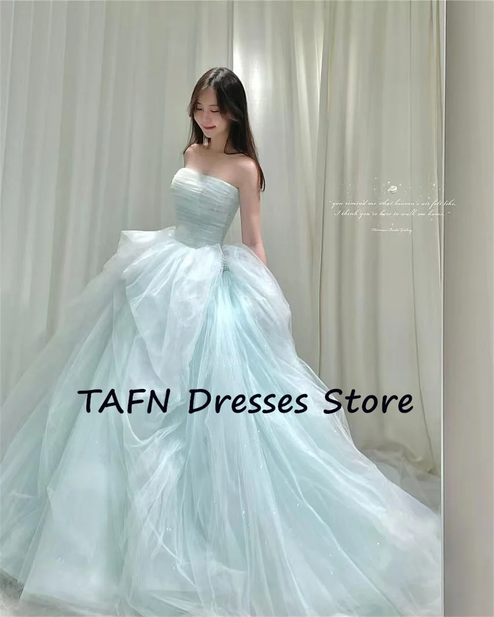 TAFN Blue Elegant Princess A-line Strapless Tulle Dresses Formal Prom Korea Photoshoot Customized Wedding Party Customized