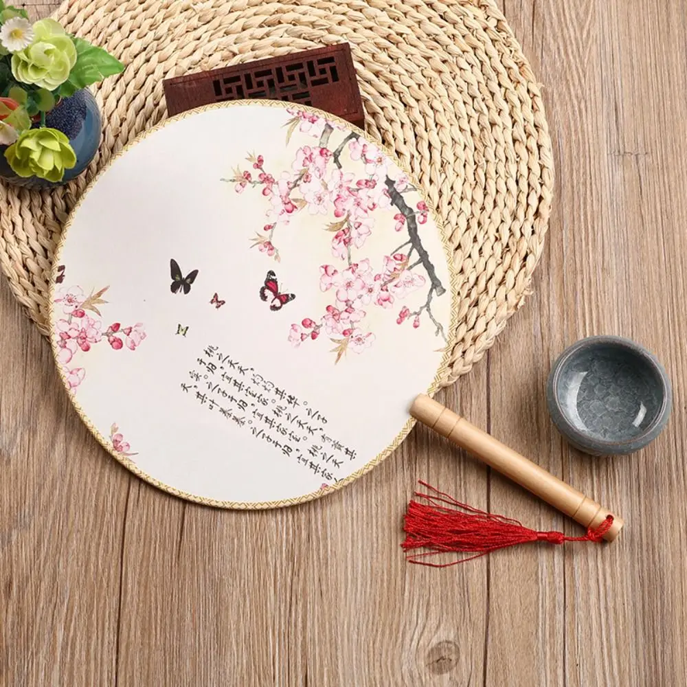 Handheld Chinese Style Fan with Tassels Pendant Floral Pattern Silk Fan Vintage Ancient Group Fan Photography Prop
