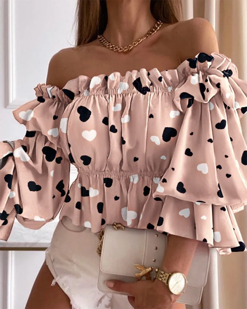 Women Autumn Polka Dot Print Off Shoulder Top Elegant Femme Puff Sleeve Corset Blouse Lady Tunics Sexy Fashionable Shirt Spring