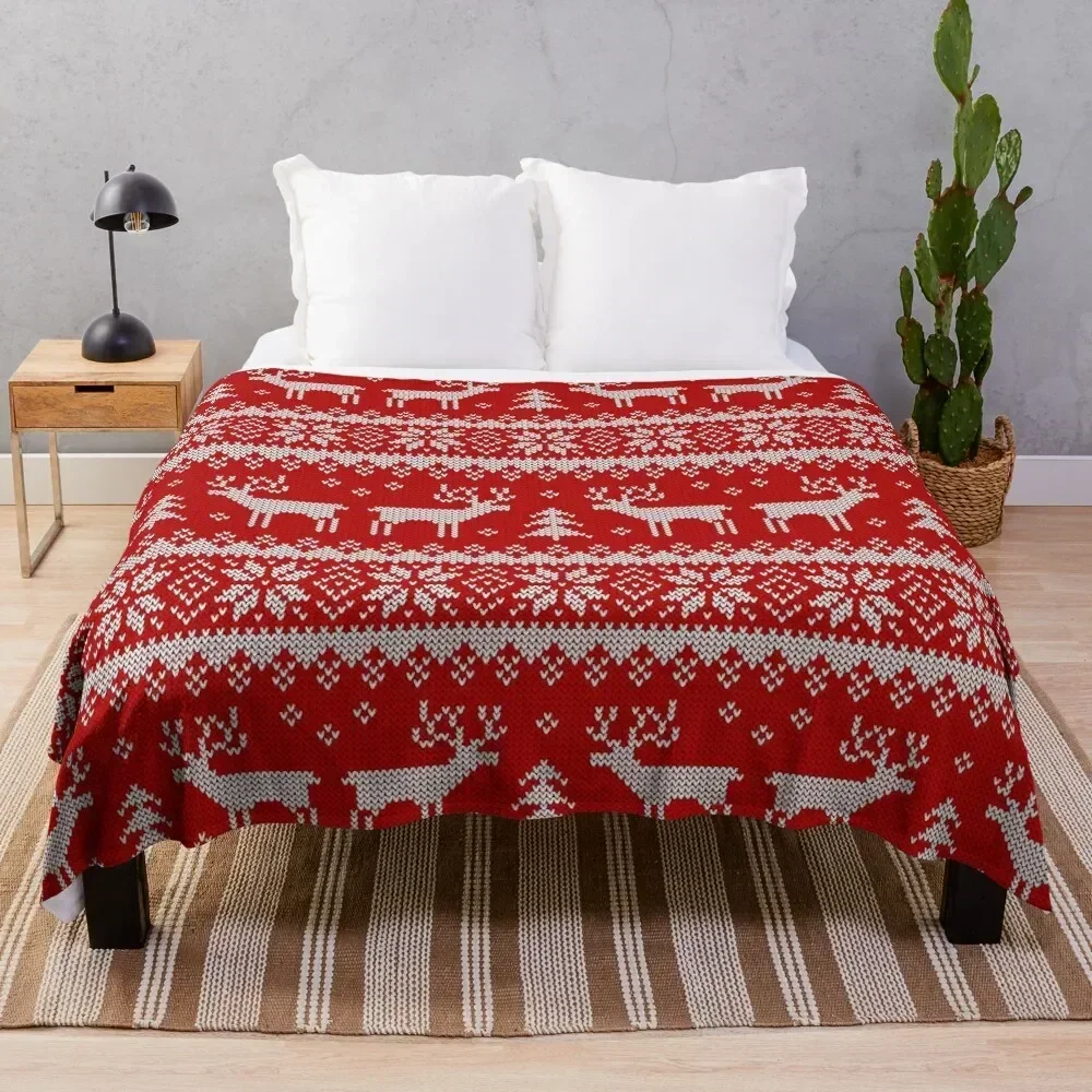 Knitted scandinavian ornament with deers. Throw Blanket Bed linens Polar for winter Blankets