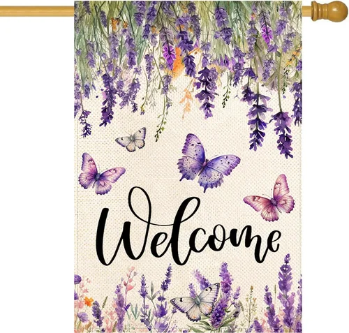 Spring Summer Flower House Flag Lavender Butterfly Floral Welcome Yard Burlap Do 313096869834 ZZY