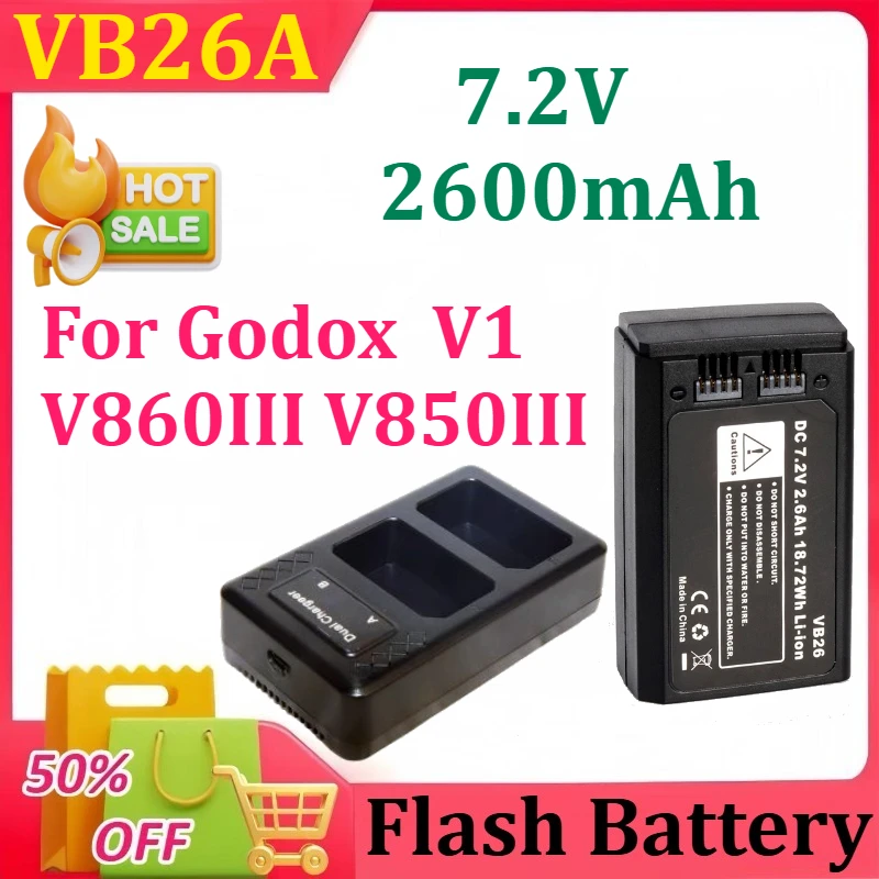 New VB26A 7.2V 2600mAh 18.72Wh Replacement Flash Battery for Godox V1 V860III V850III High Qualty Battery with Charger Dedicated