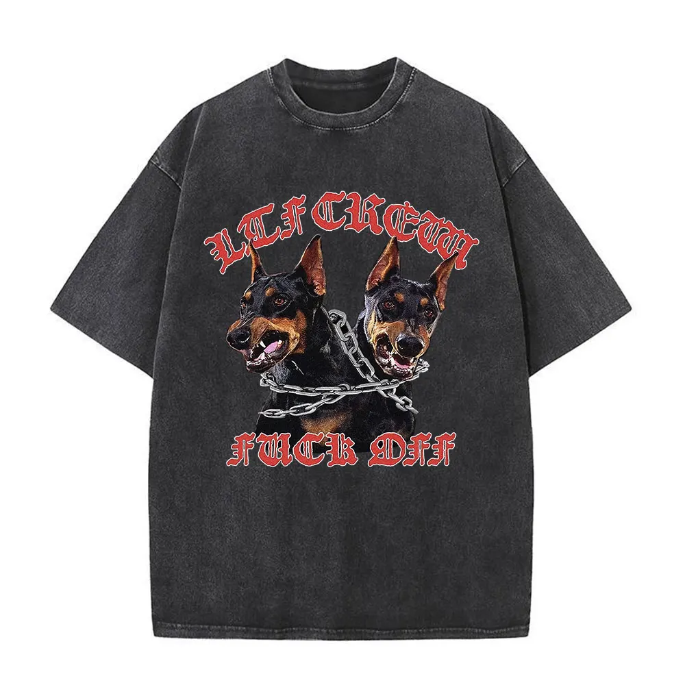 Maglietta lavata da uomo maglietta oversize Streetwear Hip Hop Doberman Dog Graphic T-Shirt Vintage in cotone invecchiato a maniche corte