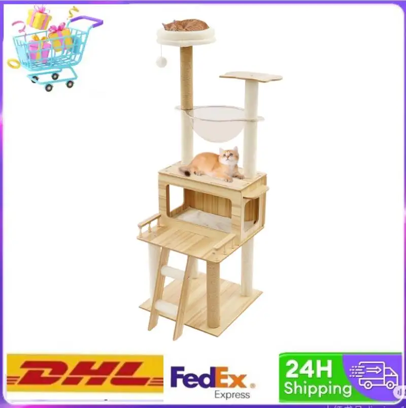 

White Wood Color Multi-level Cat Tree with Scratching Posts Climbing Ladders, Cat Tower Clear Capsule Cat Accessories Cat Toys
