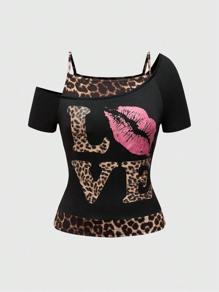 2025 New Women's Summer Women's Y2k Leopard Pattern Love Personality Fake Two Piece Set T-shirt Short Sleeve Round Neck Top